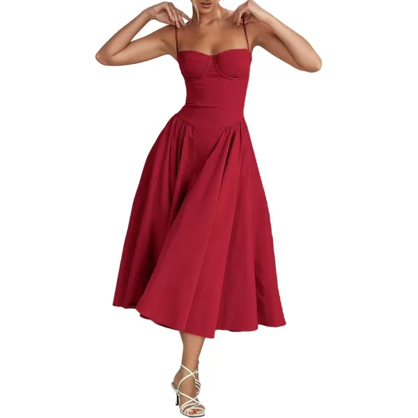 LYANER Women's Spaghetti Strap Pleated Sleeveless Corset Midi Dress with Pocket