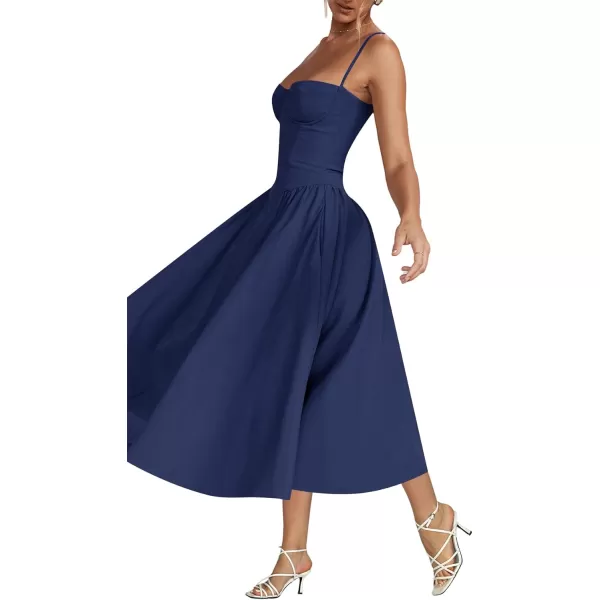 LYANER Women's Spaghetti Strap Pleated Sleeveless Corset Midi Dress with Pocket