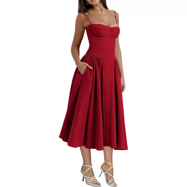 LYANER Women's Spaghetti Strap Pleated Sleeveless Corset Midi Dress with Pocket