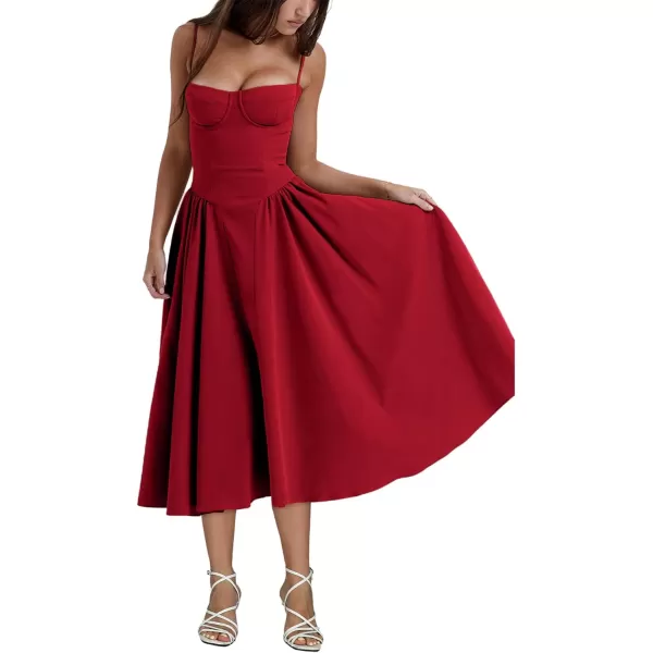 LYANER Women's Spaghetti Strap Pleated Sleeveless Corset Midi Dress with Pocket