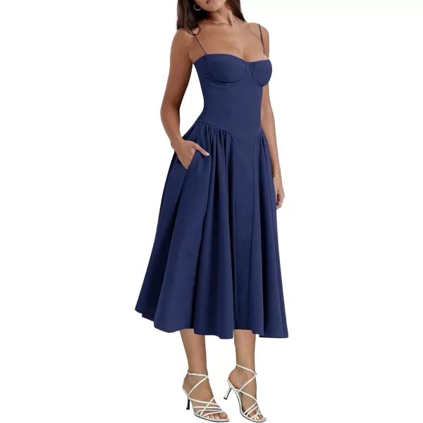 LYANER Women's Spaghetti Strap Pleated Sleeveless Corset Midi Dress with Pocket