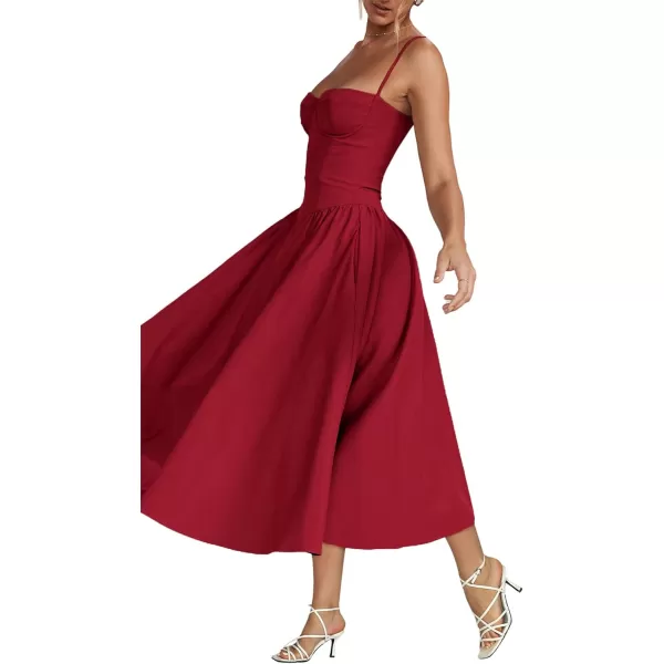 LYANER Women's Spaghetti Strap Pleated Sleeveless Corset Midi Dress with Pocket