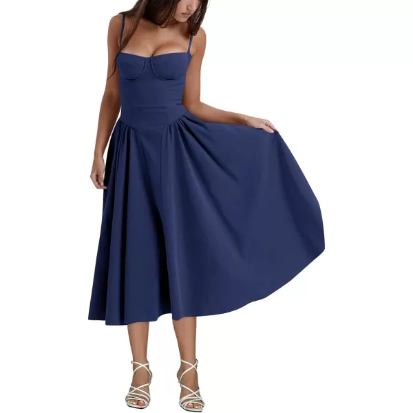 LYANER Women's Spaghetti Strap Pleated Sleeveless Corset Midi Dress with Pocket