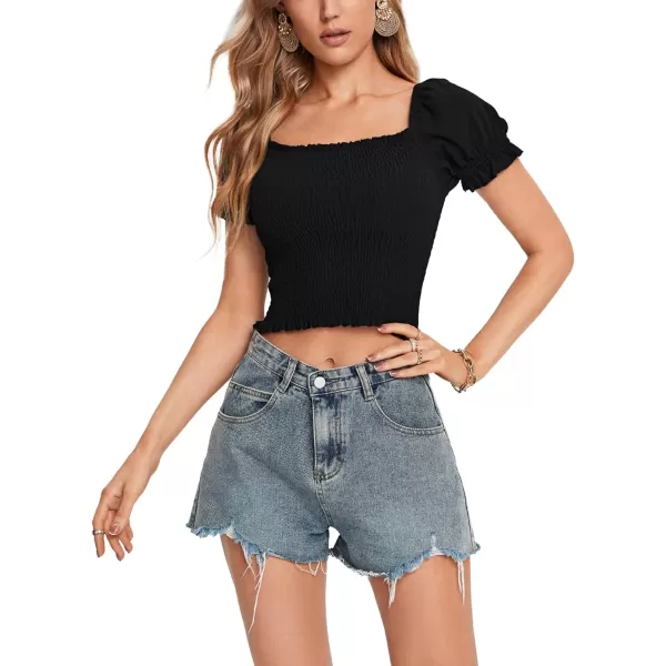 LYANER Women's Square Neck Shirred Short Sleeve Crop Solid Pullover Tee Shirt Blouse Top