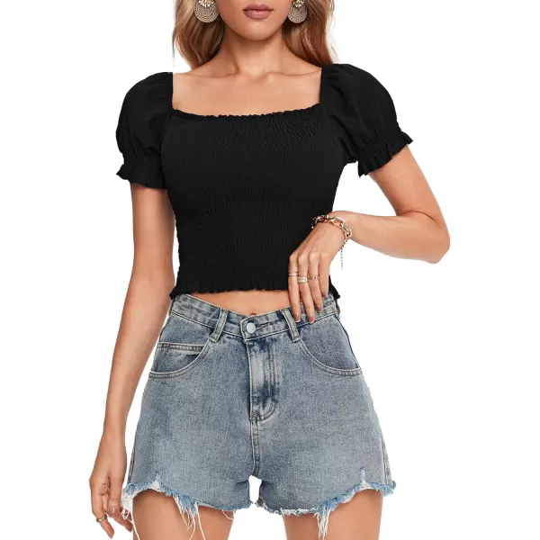 LYANER Women's Square Neck Shirred Short Sleeve Crop Solid Pullover Tee Shirt Blouse Top