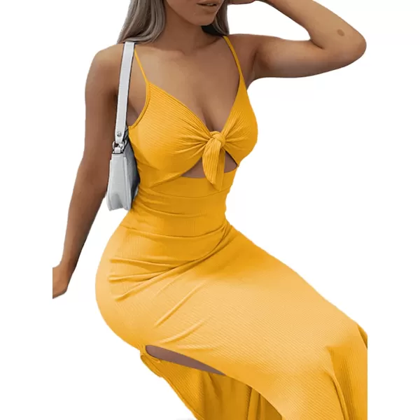 LYANER Women's Tie Knot Cut Out Side Split Hem Sleeveless Knit Bodycon Maxi Dress