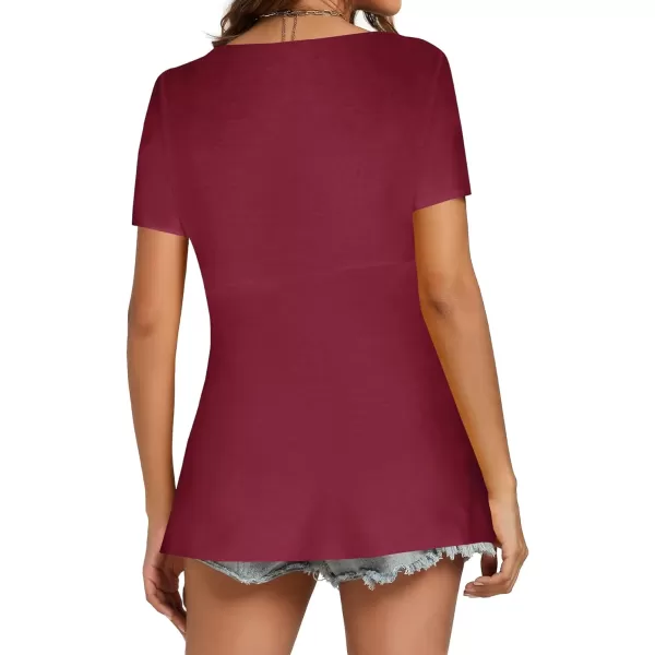 LYANER Women's Twist Knot Front Deep V Neck Pleated Short Sleeve Peplum Tops T Shirt