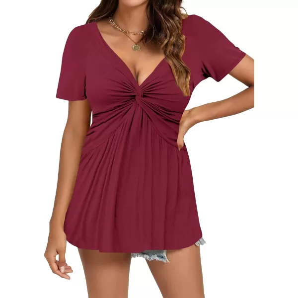 LYANER Women's Twist Knot Front Deep V Neck Pleated Short Sleeve Peplum Tops T Shirt