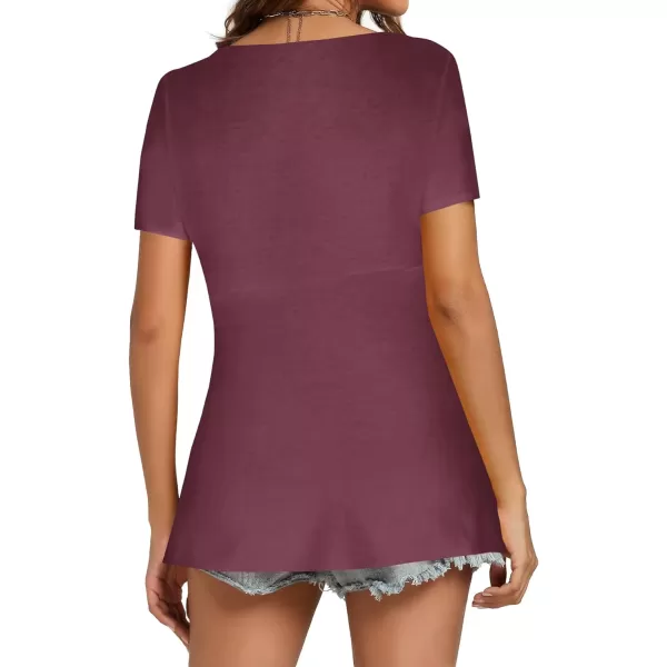 LYANER Women's Twist Knot Front Deep V Neck Pleated Short Sleeve Peplum Tops T Shirt
