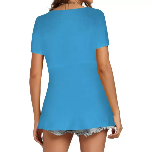 LYANER Women's Twist Knot Front Deep V Neck Pleated Short Sleeve Peplum Tops T Shirt