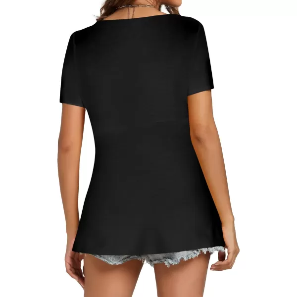 LYANER Women's Twist Knot Front Deep V Neck Pleated Short Sleeve Peplum Tops T Shirt
