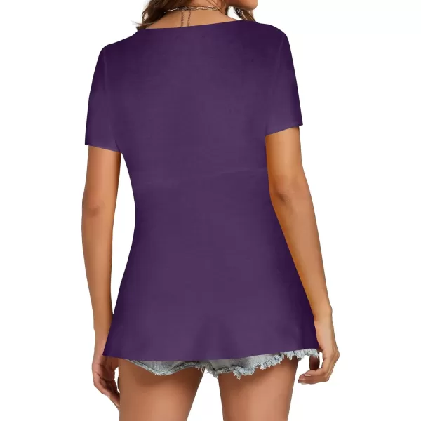 LYANER Women's Twist Knot Front Deep V Neck Pleated Short Sleeve Peplum Tops T Shirt
