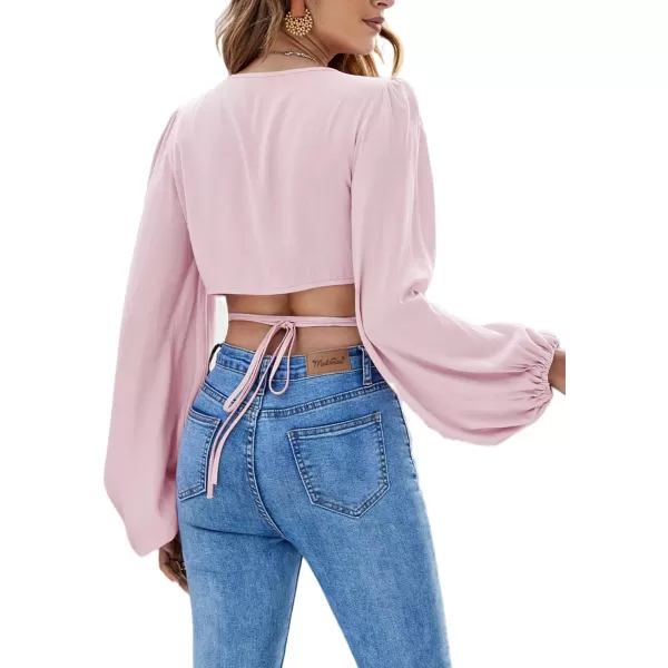 LYANER Women's Wrap V Neck Criss Cross Tie Back Long Sleeve Crop Blouse Shirt Top