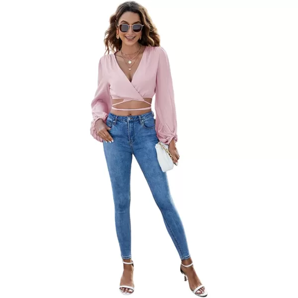 LYANER Women's Wrap V Neck Criss Cross Tie Back Long Sleeve Crop Blouse Shirt Top