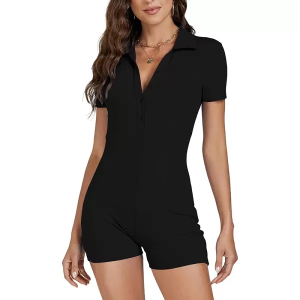 LYANER Women's Collar Button Front Short Sleeve Romper Shorts Knitted One Piece Bodycon Jumpsuit Bodysuit