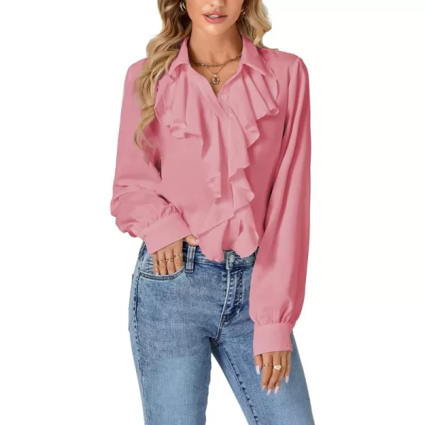 LYANER Women's Fall Long Sleeve Collar V Neck Button Down Ruffle Blouse Victorian Shirt Tops