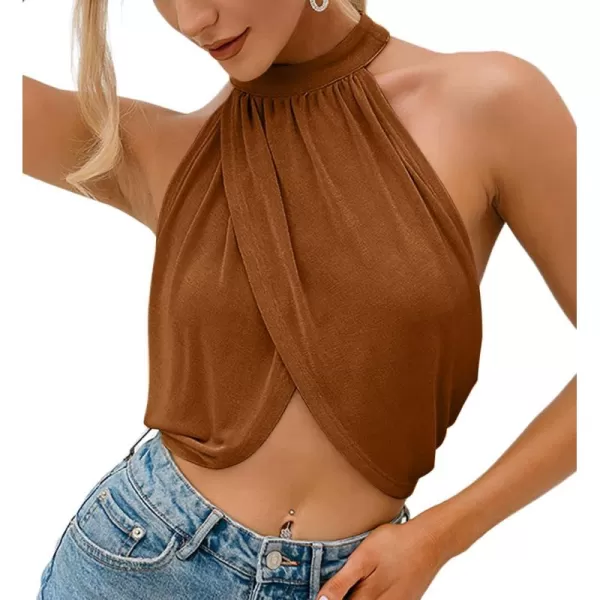 LYANER Women's Halter Wrap Sleeveless Draped Backless Sexy Cami Crop Top