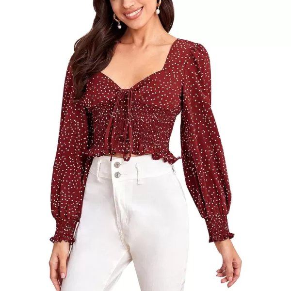LYANER Women's Polka Dots Sweetheart Neck Shirred Hem Long Sleeve Crop Blouse Top