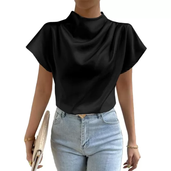 LYANER Women's Satin Silk Mock Neck Batwing Short Sleeve Ruffle Top Shirt Blouse