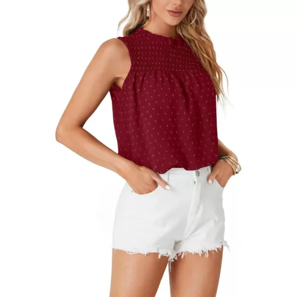 LYANER Women's Shirred Frill Mock Neck Swiss Dots Sleeveless Blouse Cami Tank Top