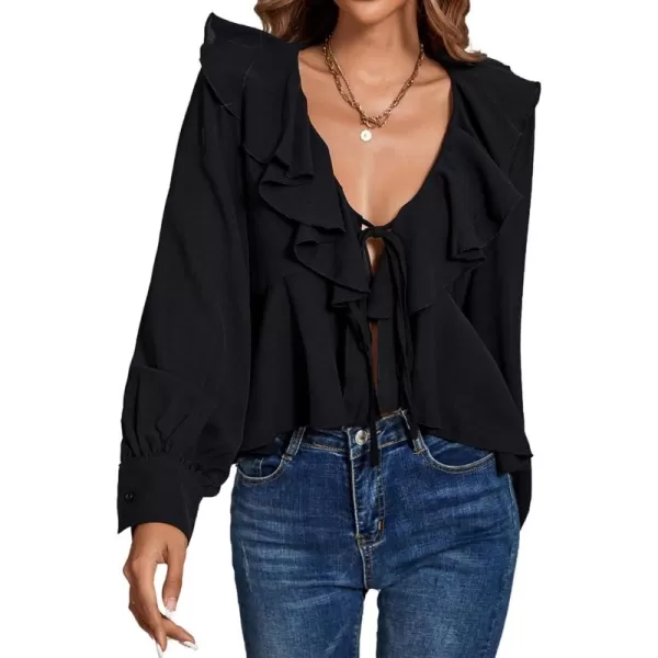 LYANER Women's Solid Deep V Neck Long Sleeve Crop Top Tie Front Chiffon Ruffle Hem Blouse Shirt