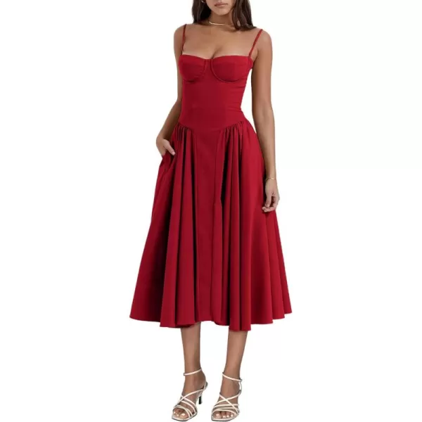 LYANER Women's Spaghetti Strap Pleated Sleeveless Corset Midi Dress with Pocket