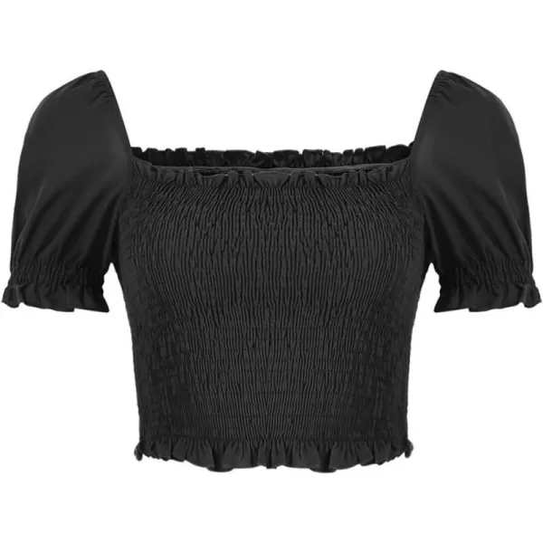 LYANER Women's Square Neck Shirred Short Sleeve Crop Solid Pullover Tee Shirt Blouse Top