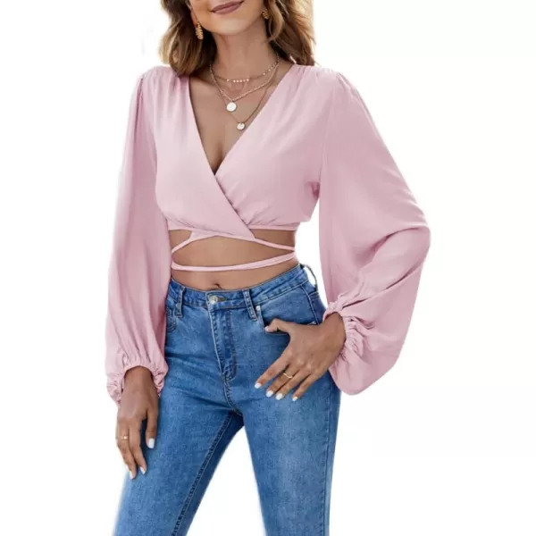 LYANER Women's Wrap V Neck Criss Cross Tie Back Long Sleeve Crop Blouse Shirt Top