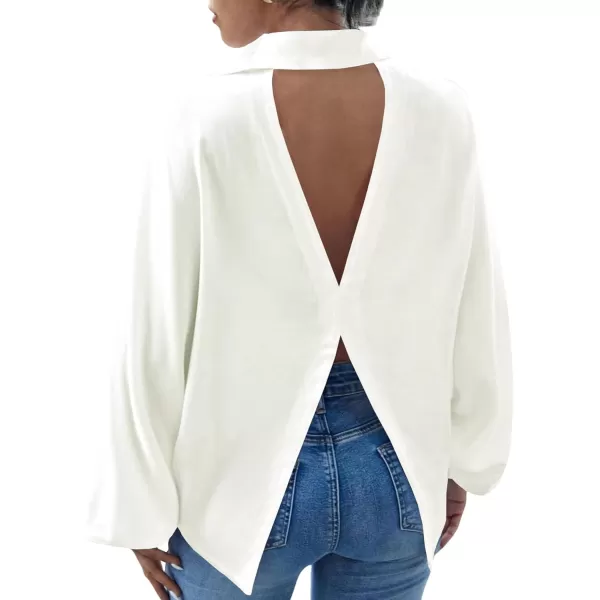 LYANER Women's Button Down Long Sleeve Collar V Neck Cut Out Back Work Blouse