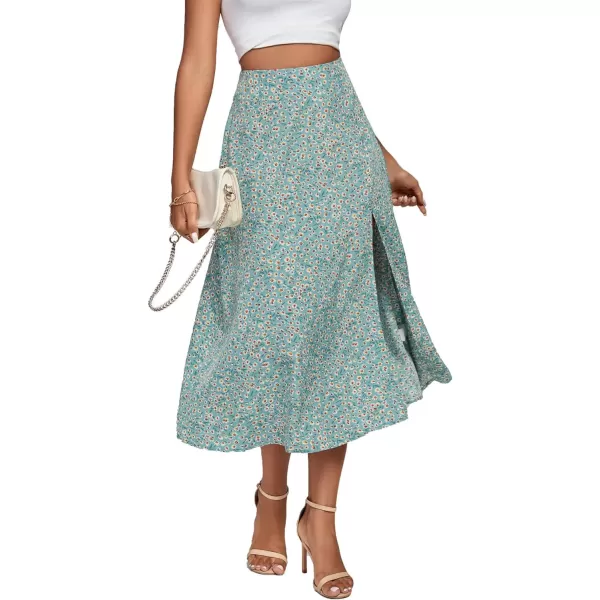 LYANER Women's Casual Boho Printed High Waist Side Split Hem Zipper Midi Skirt