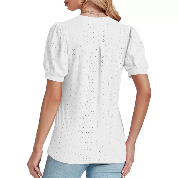 LYANER Women's Casual Eyelet V Neck Puff Short Sleeve Shirt Blouse Tunic Top