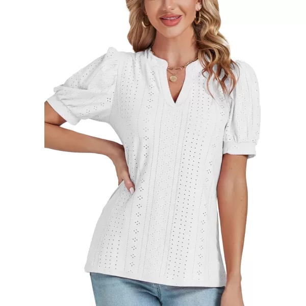LYANER Women's Casual Eyelet V Neck Puff Short Sleeve Shirt Blouse Tunic Top