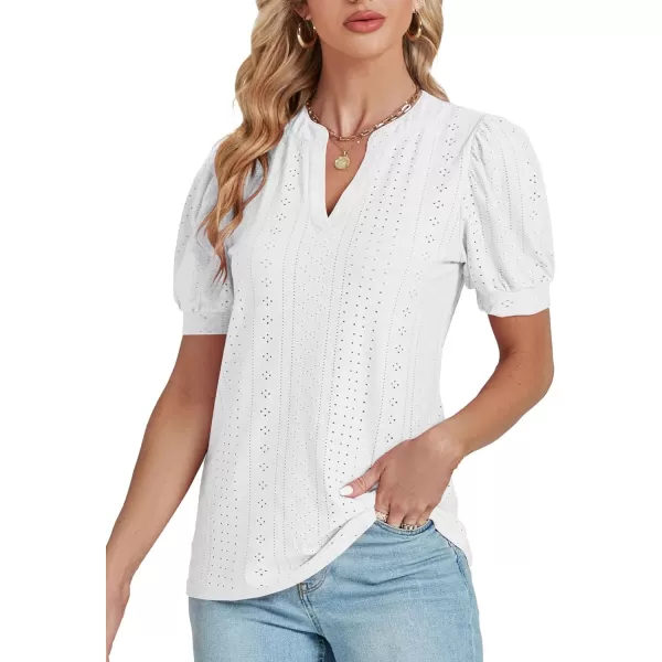 LYANER Women's Casual Eyelet V Neck Puff Short Sleeve Shirt Blouse Tunic Top