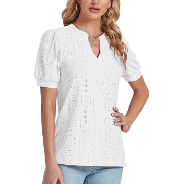 LYANER Women's Casual Eyelet V Neck Puff Short Sleeve Shirt Blouse Tunic Top