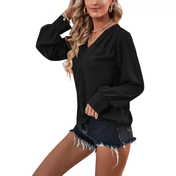 LYANER Women's Casual Plain V Neck Puff Long Sleeve Work Blouse Shirt Pullover Top