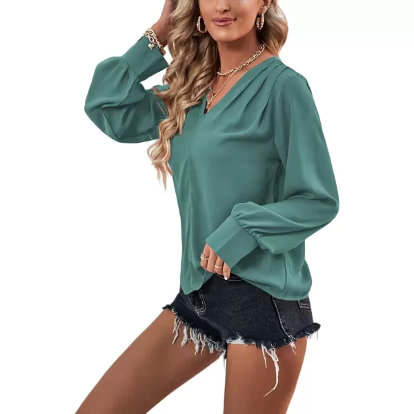 LYANER Women's Casual Plain V Neck Puff Long Sleeve Work Blouse Shirt Pullover Top