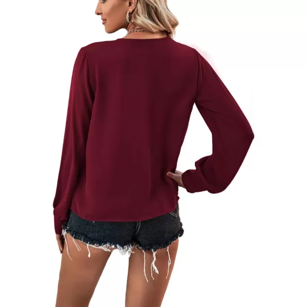 LYANER Women's Casual Plain V Neck Puff Long Sleeve Work Blouse Shirt Pullover Top