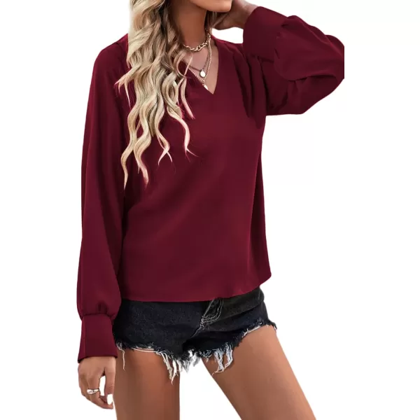 LYANER Women's Casual Plain V Neck Puff Long Sleeve Work Blouse Shirt Pullover Top