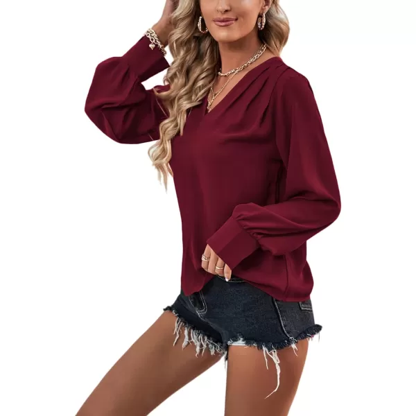 LYANER Women's Casual Plain V Neck Puff Long Sleeve Work Blouse Shirt Pullover Top