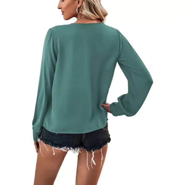 LYANER Women's Casual Plain V Neck Puff Long Sleeve Work Blouse Shirt Pullover Top
