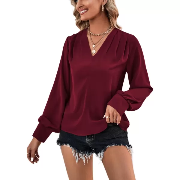 LYANER Women's Casual Plain V Neck Puff Long Sleeve Work Blouse Shirt Pullover Top