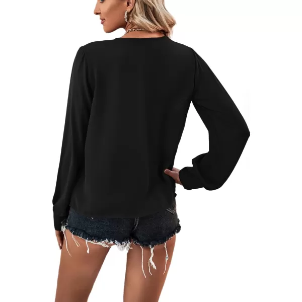 LYANER Women's Casual Plain V Neck Puff Long Sleeve Work Blouse Shirt Pullover Top