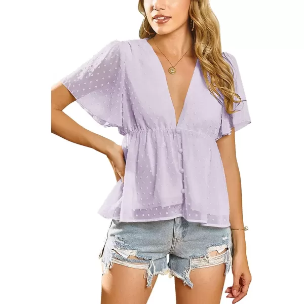 LYANER Women's Deep V Neck Ruffle Polka Dot Top Pom Pom Peplum Shirt Blouse
