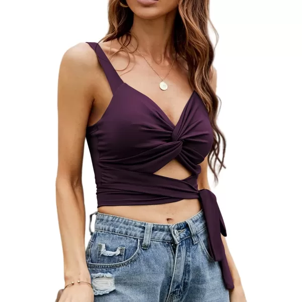 LYANER Women's Deep V Neck Twist Knot Hollow Out Waist Tie Crop Tank Sleeveless Top