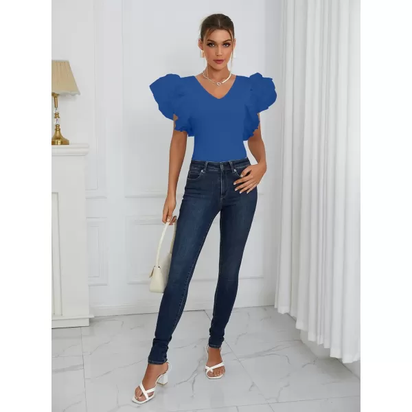 LYANER Women’s Layer Ruffle Butterfly Sleeve V Neck Stretchy Party Skinny Bodysuit Romper Leotard