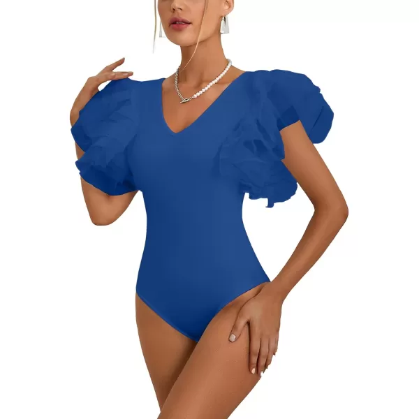 LYANER Women’s Layer Ruffle Butterfly Sleeve V Neck Stretchy Party Skinny Bodysuit Romper Leotard
