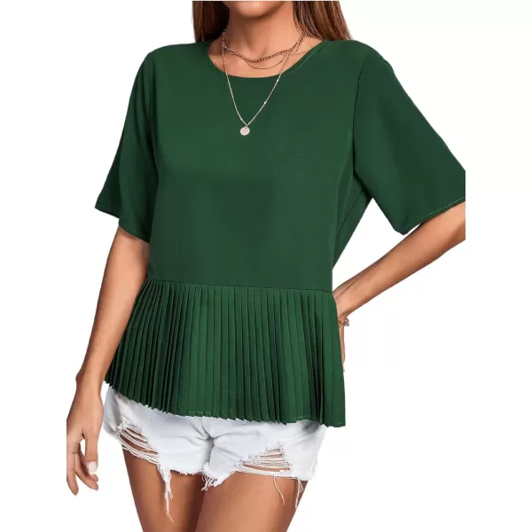 LYANER Women's Round Neck Ruffle Hem Short Sleeve Pleated Shirt Blouse Peplum Top