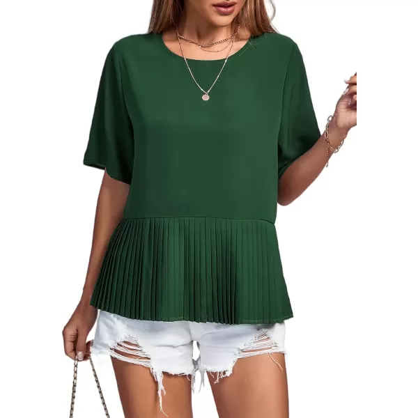 LYANER Women's Round Neck Ruffle Hem Short Sleeve Pleated Shirt Blouse Peplum Top