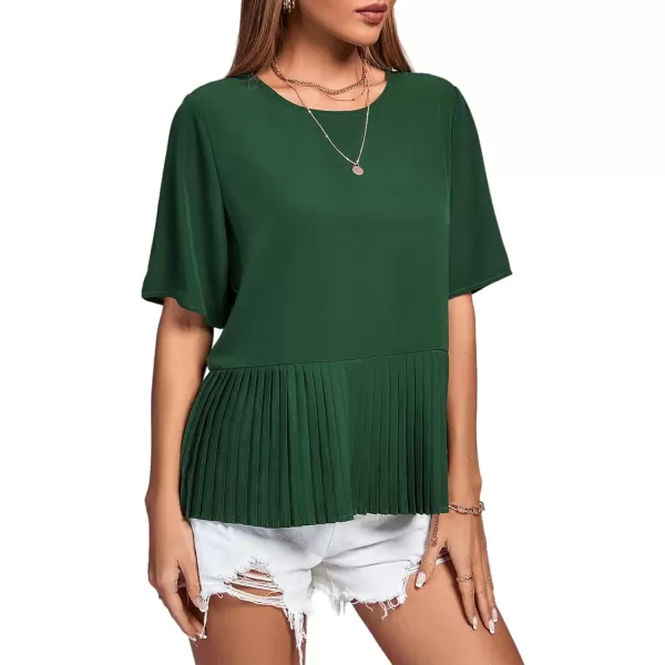 LYANER Women's Round Neck Ruffle Hem Short Sleeve Pleated Shirt Blouse Peplum Top