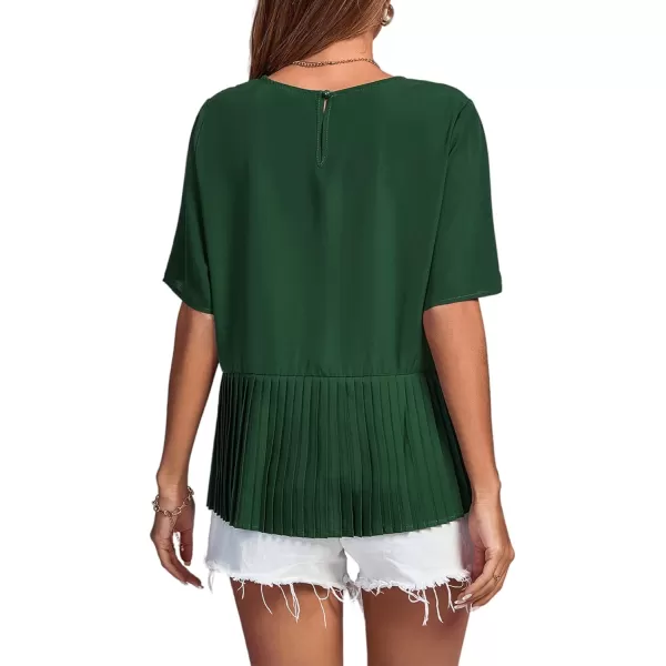 LYANER Women's Round Neck Ruffle Hem Short Sleeve Pleated Shirt Blouse Peplum Top